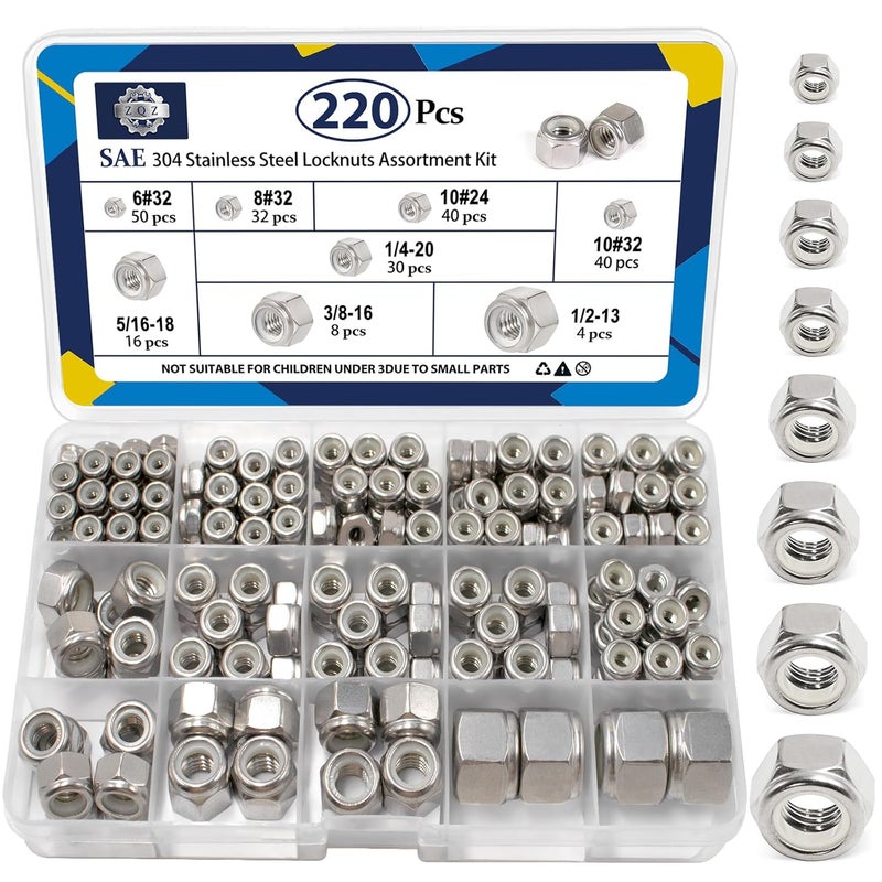 ZQZ 220 Pack SAE Nylon Insert Locknuts Assortment Kit,6#32 8#32 10#24 10#32 1/4"-20 5/16"-18 3/8"-16 1/2"-13 Nylock Nuts Sets,304 Stainless Steel Standard Inch Threaded Lock Nuts - Image 1